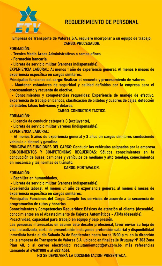 Requerimiento de Personal ETV Radio Kollasuyo