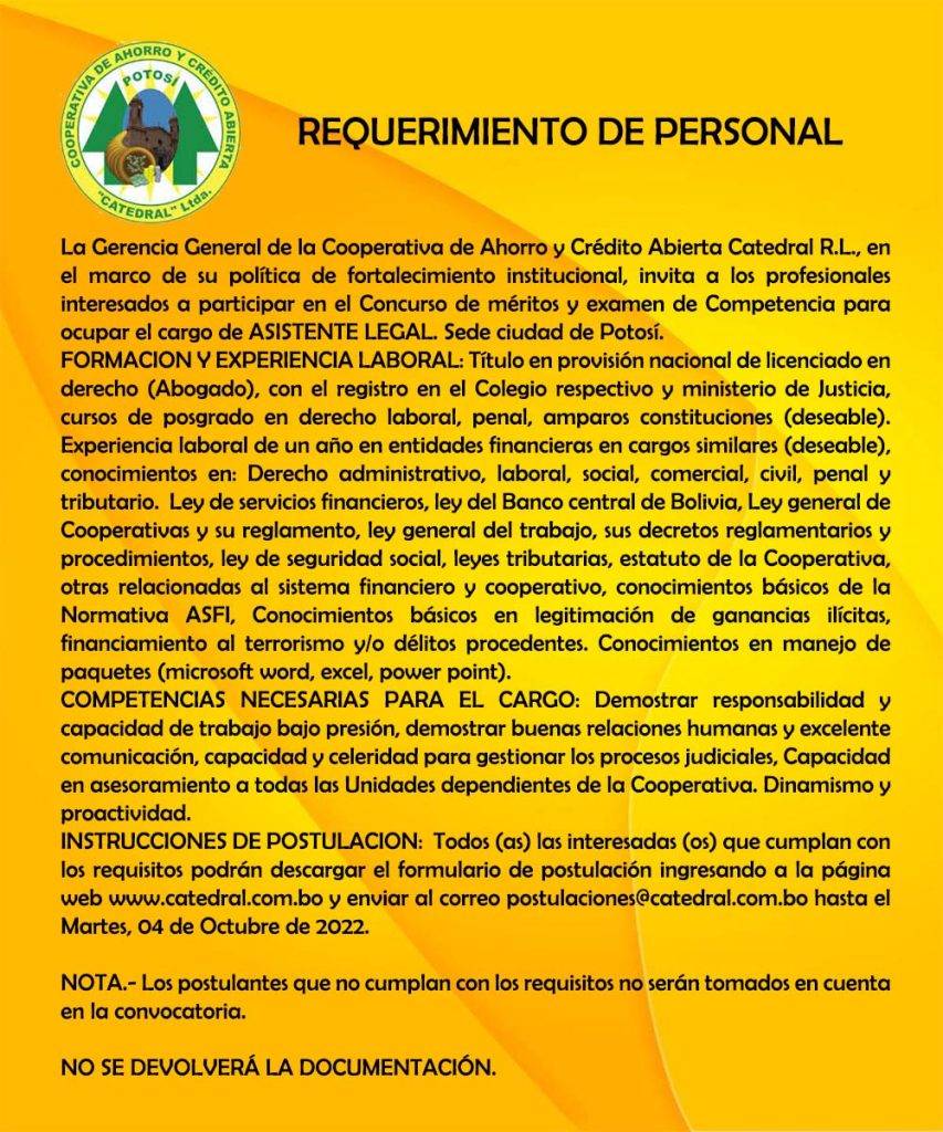 Requerimiento de Personal Coop. Catedral R.L. Radio Kollasuyo