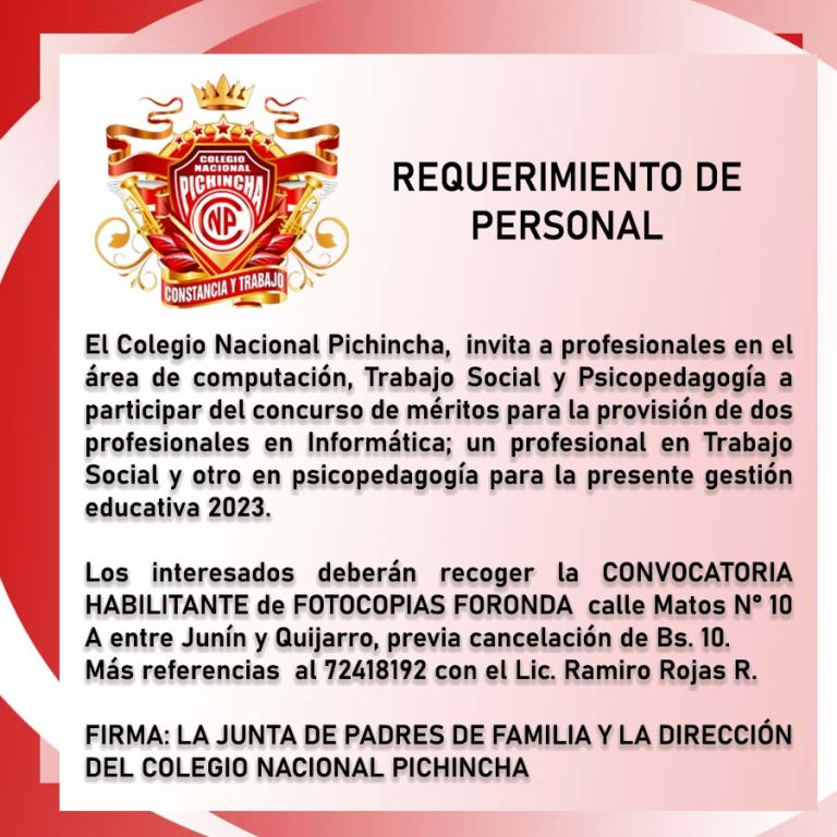 Requerimiento de Personal Col. Nal. Pichincha Radio Kollasuyo