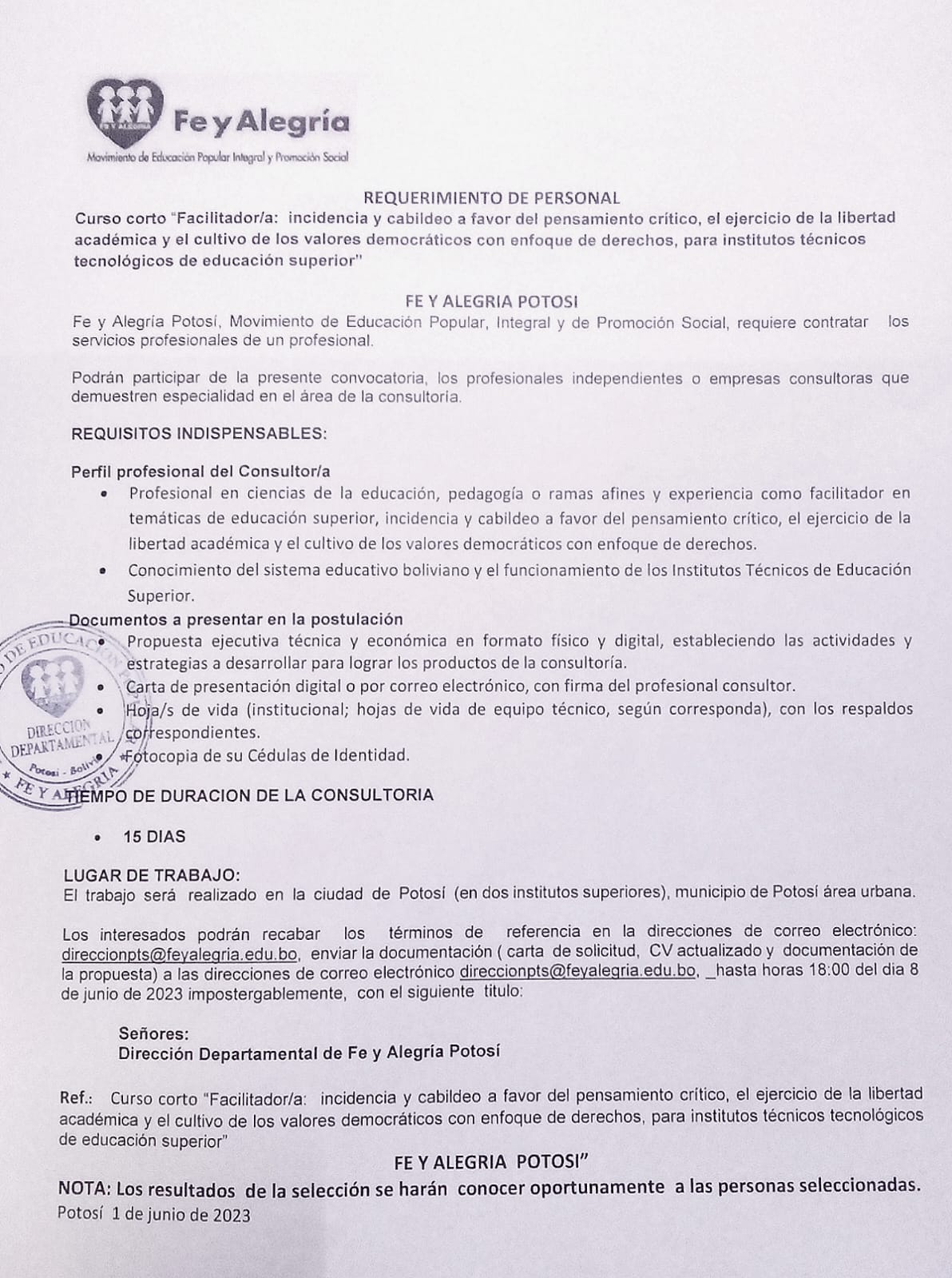 Requerimiento de personal Radio Kollasuyo