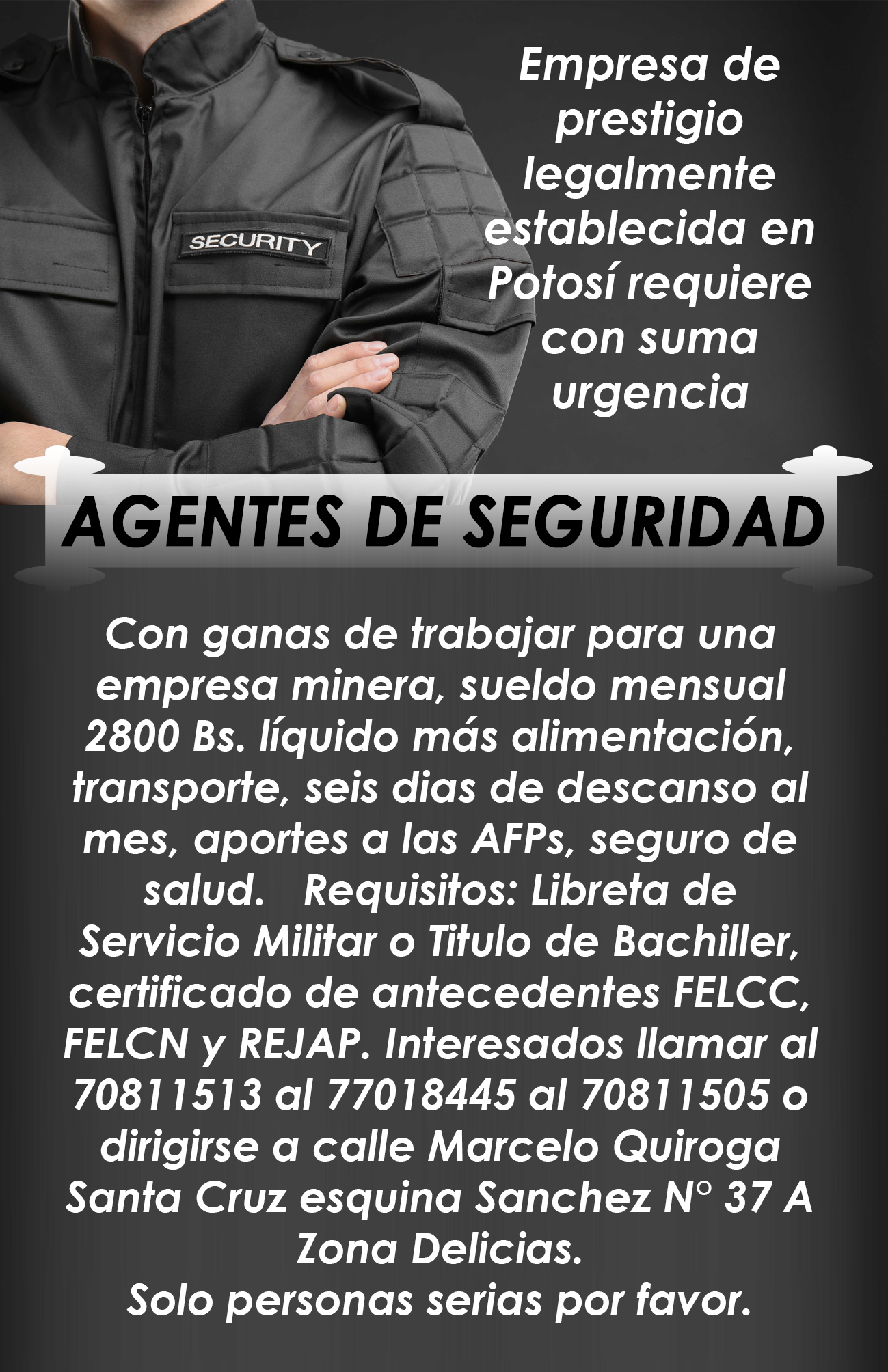 Requerimiento de Personal Agentes de seguridad Radio Kollasuyo
